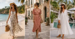 Three women wearing stylish vacation dresses for beach holidays, European city travel, and luxury resort vacations, showcasing comfortable and fashionable holiday outfits