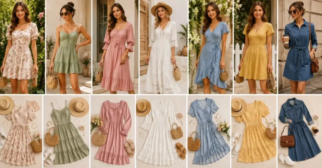What are cute dresses featuring stylish A-line, wrap, midi, maxi, mini, floral, and shirt dress styles for women