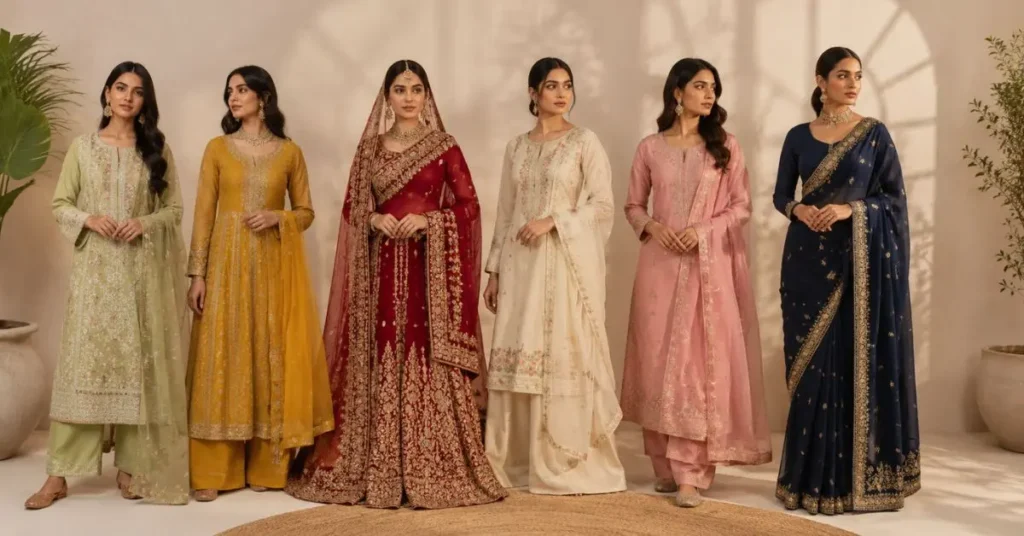 Elegant desi dresses for women featuring Shalwar Kameez, Anarkali, Lehenga, and Saree in traditional South Asian fashion.