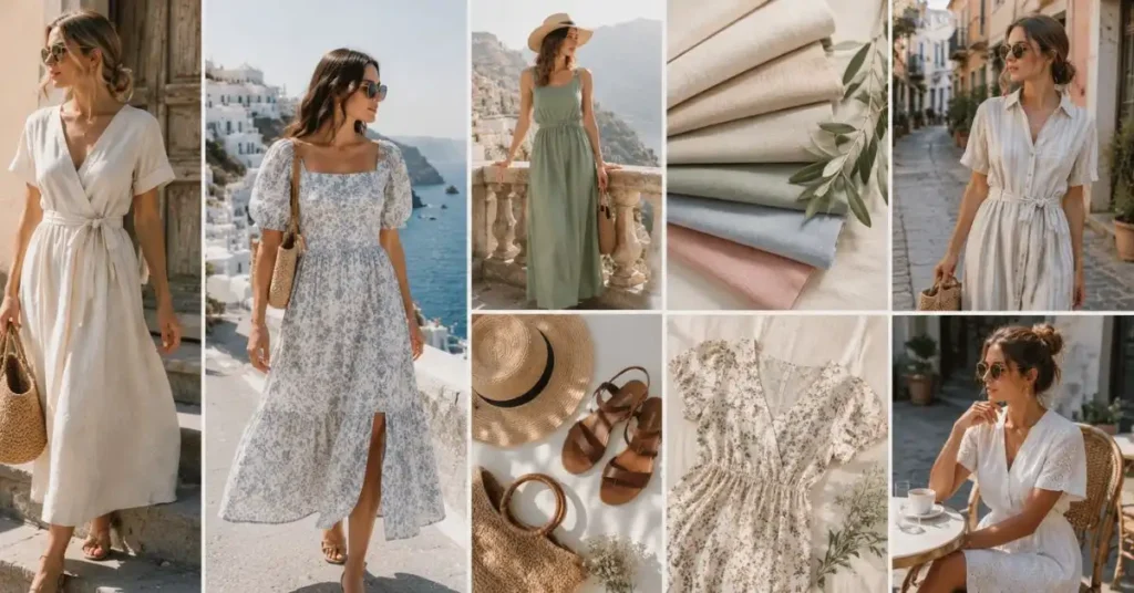 European Summer Dresses featuring breathable linen, cotton, floral, and striped midi and maxi dresses with woven accessories, leather sandals, and elegant Mediterranean-inspired styling in a bright European summer setting.