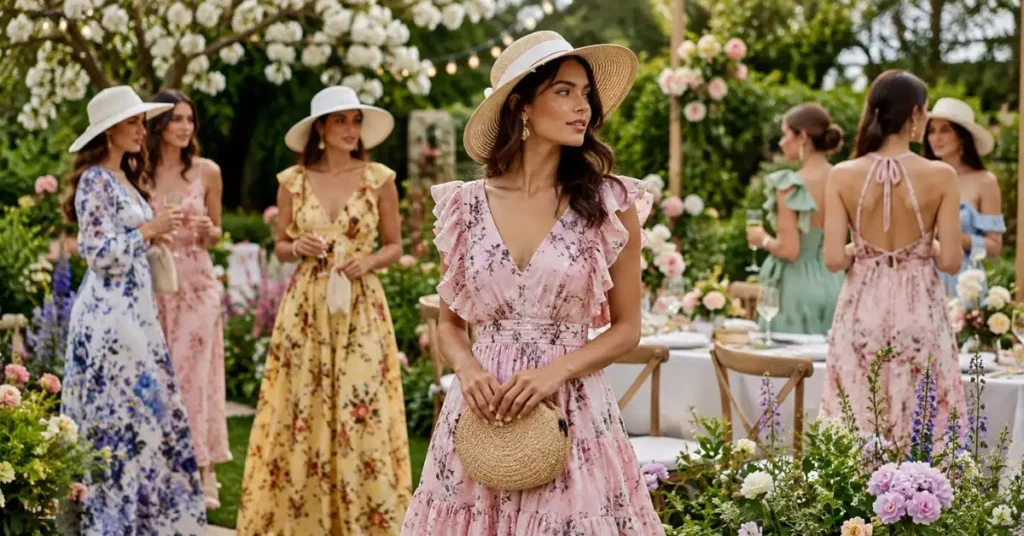 What Are Garden Party Dress Ideas? Elegant women wearing floral and pastel garden party dresses at a beautiful outdoor garden celebration with blooming flowers, greenery, hats, and stylish accessories, perfect for weddings, tea parties, brunches, and spring or summer events.