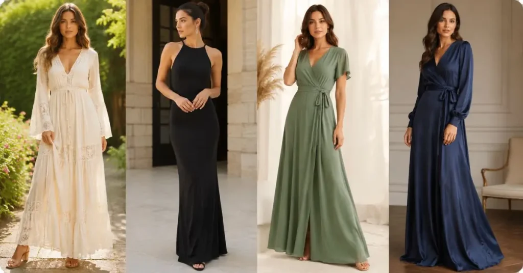 Elegant women wearing different styles of long dresses, including flowing maxi, sleek column, and A-line silhouettes, showcasing versatile ankle- and floor-length fashion for casual and formal occasions.