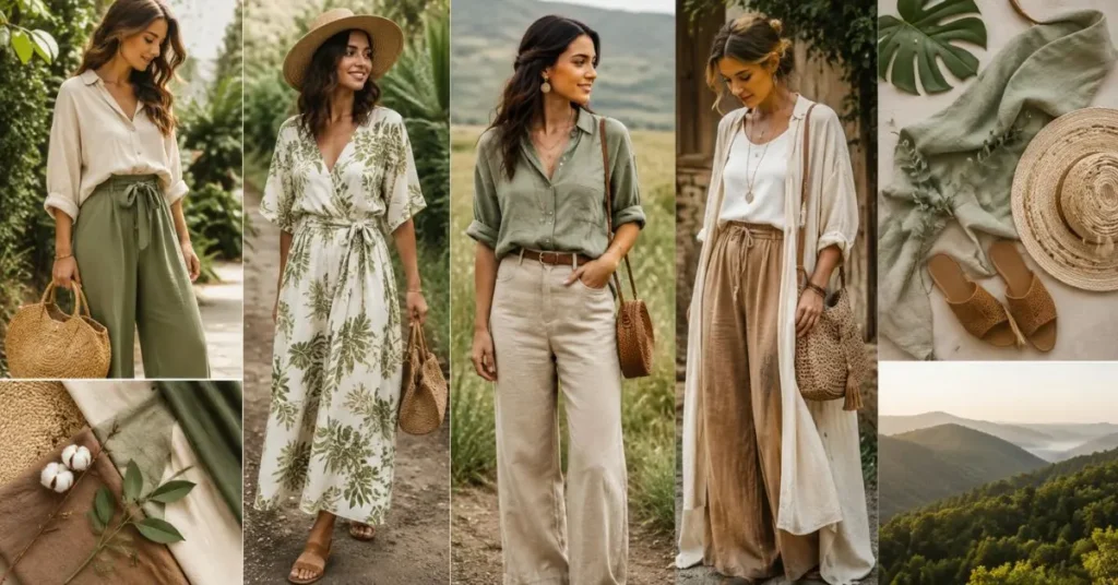 Nature-inspired outfits featuring earthy tones, botanical prints, breathable linen and cotton fabrics, layered styling, woven accessories, and relaxed silhouettes in a peaceful outdoor setting.