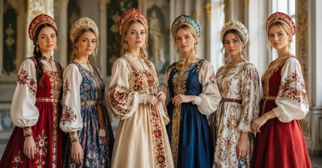 Elegant women wearing traditional and modern Russian dresses featuring embroidered sarafans, luxurious fabrics, and timeless folk-inspired fashion in a classic interior