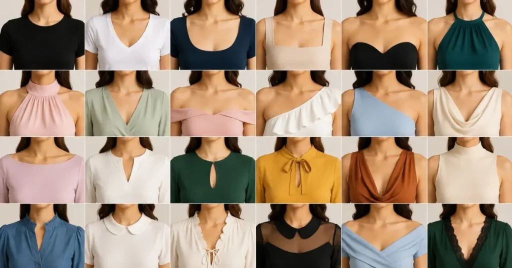 What are types of necklines? Visual guide showing common neckline styles for dresses, tops, and fashion outfits.