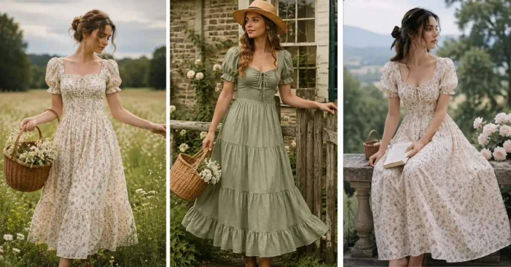 What Is a Cottagecore Dress? Three women wearing elegant cottagecore dresses with puff sleeves, floral prints, and flowing silhouettes in a peaceful countryside setting surrounded by wildflowers, rustic cottages, and lush greenery, showcasing a romantic vintage-inspired fashion aesthetic.