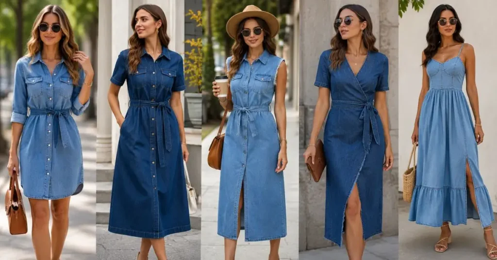 Woman wearing a stylish blue jean dress with a modern denim design for casual and smart-casual fashion.
