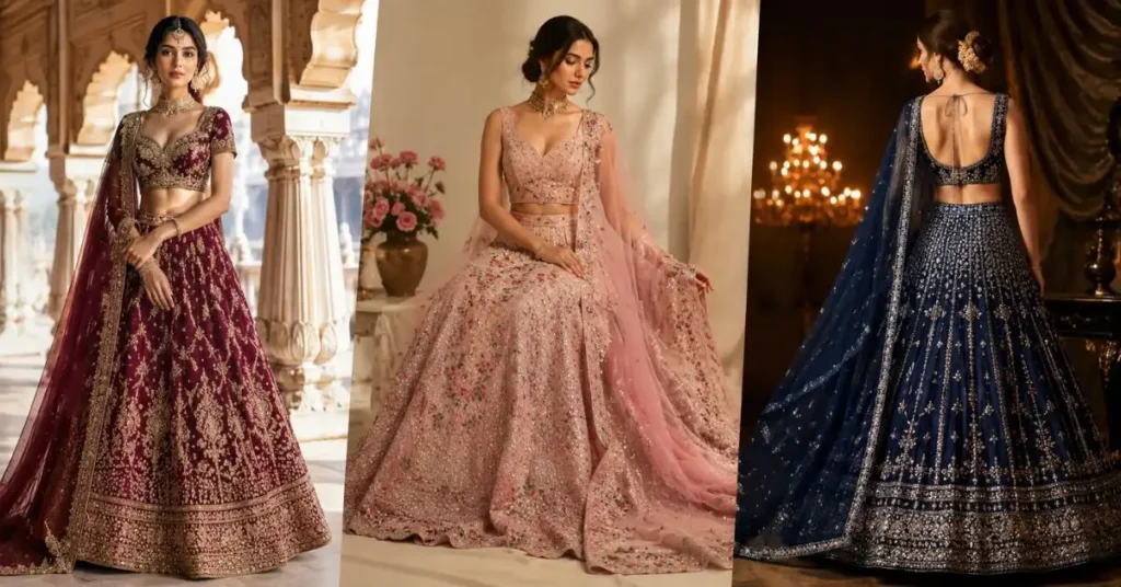 Traditional Indian lehenga featuring a beautifully embroidered flared skirt, matching blouse, and dupatta, ideal for weddings, festive celebrations, and special occasions.