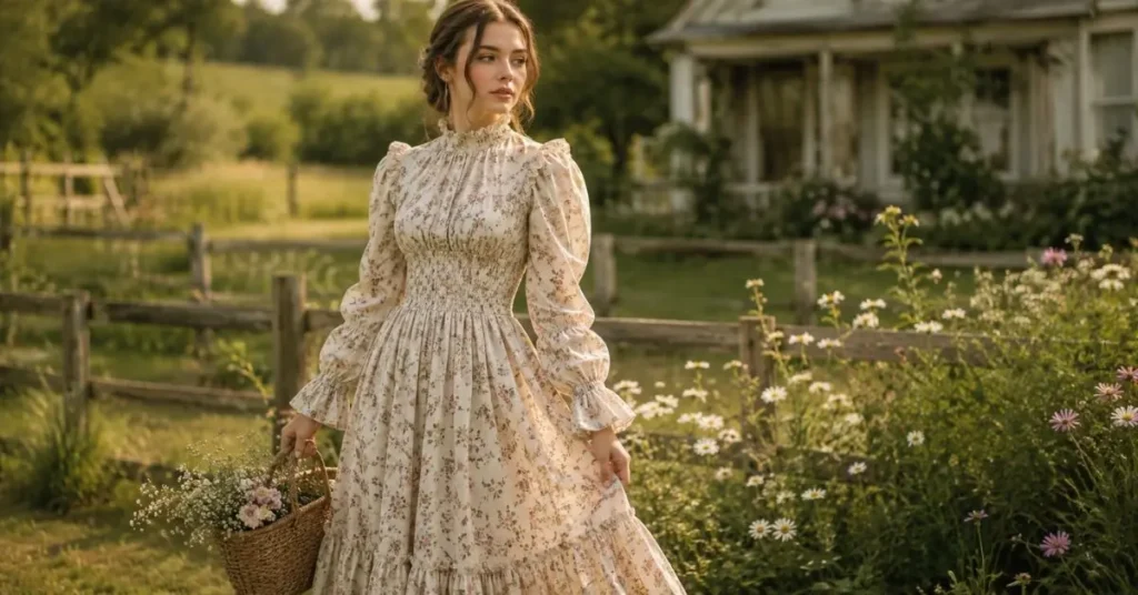 Woman wearing a vintage-inspired prairie-style dress with ruffled sleeves, a high neckline, and a flowing floral skirt in a peaceful countryside meadow surrounded by wildflowers.