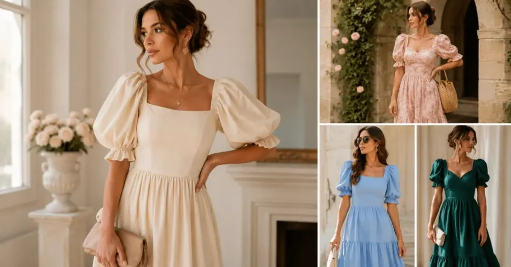 Elegant woman wearing a puff sleeve dress with voluminous statement sleeves, showcasing the classic silhouette and timeless feminine style.