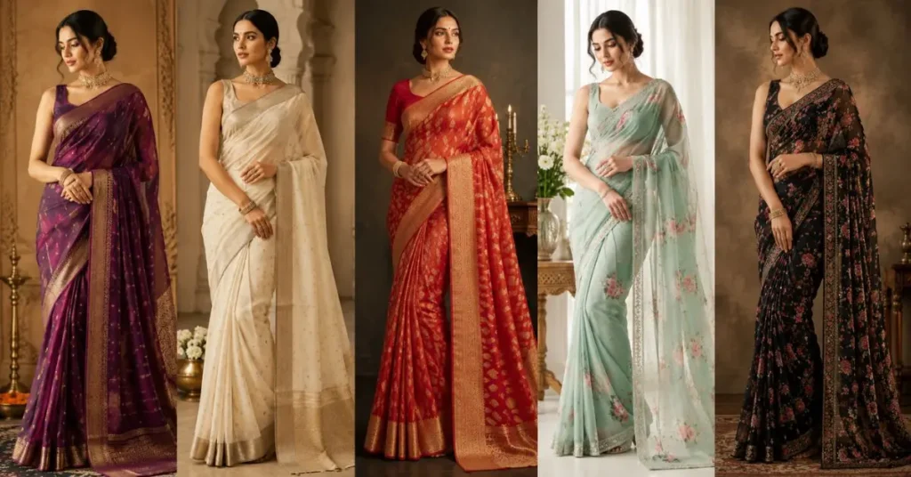 Elegant Indian saree draped traditionally with a matching blouse, showcasing timeless ethnic fashion for weddings, festivals, and cultural celebrations.