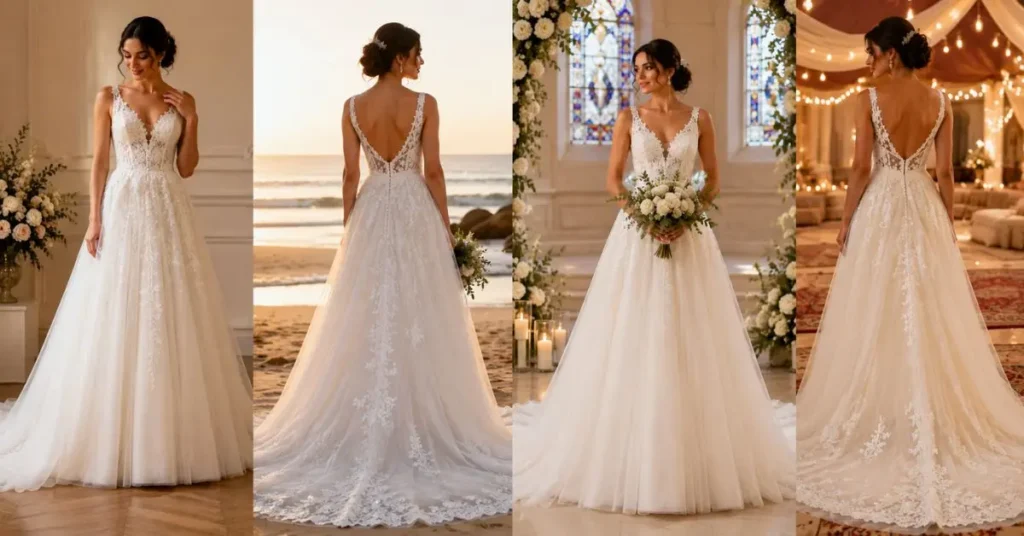 Bride wearing a classic A-line wedding dress with a fitted bodice and gently flared skirt, illustrating the timeless A-line bridal silhouette