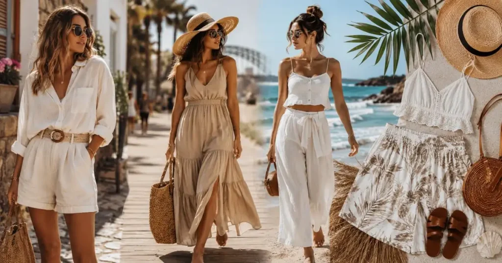 Women wearing lightweight linen and cotton outfits with straw hats, woven bags, and sandals on a sunny Australian beach, showcasing relaxed silhouettes, coastal style, and effortless summer fashion trends.