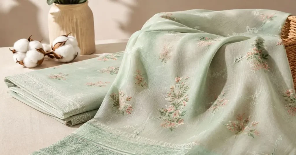 Soft, lightweight lawn cotton fabric with delicate floral prints, neatly draped in a bright natural setting, showcasing the breathable texture and elegant finish of premium summer lawn material.