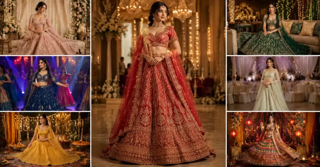 Woman wearing a stylish embroidered lehenga at a wedding celebration, showing why a lehenga is ideal for receptions, sangeet, and festive occasions.
