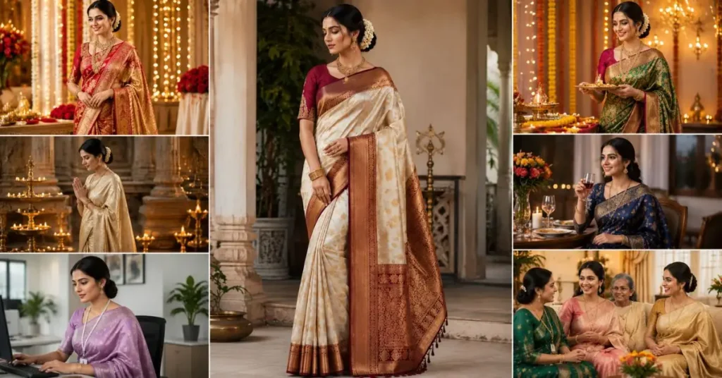Woman elegantly draped in a traditional saree, demonstrating why a saree is the perfect choice for weddings, festivals, formal events, and cultural occasions.