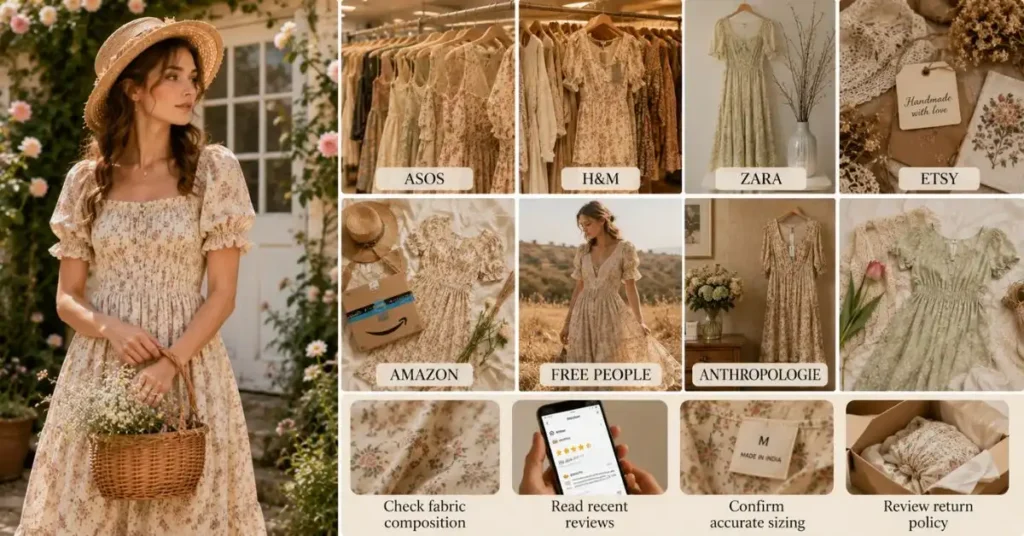 Collection of elegant cottagecore dresses displayed in a boutique alongside a woman wearing a floral cottagecore dress with a woven basket, showcasing popular shopping options for romantic vintage-inspired fashion.