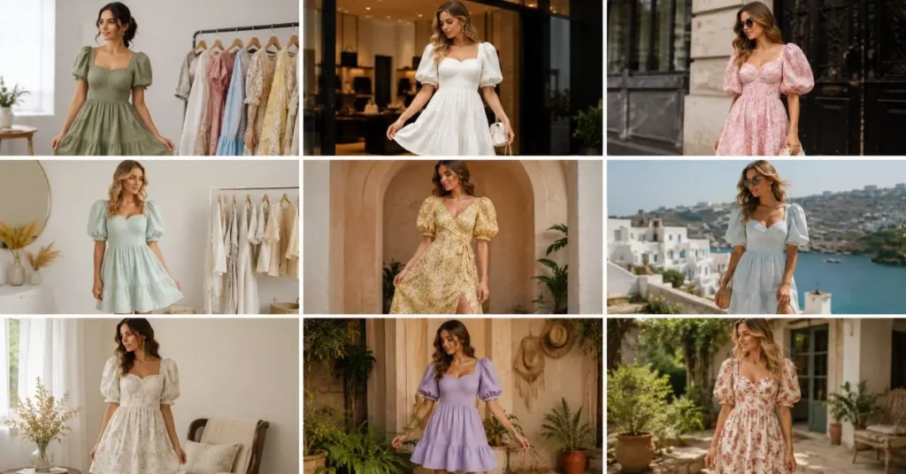 Stylish women wearing fashionable puff sleeve dresses while shopping in modern boutiques and outdoor retail settings, showcasing a variety of trendy styles perfect for everyday wear, vacations, parties, and special occasions.