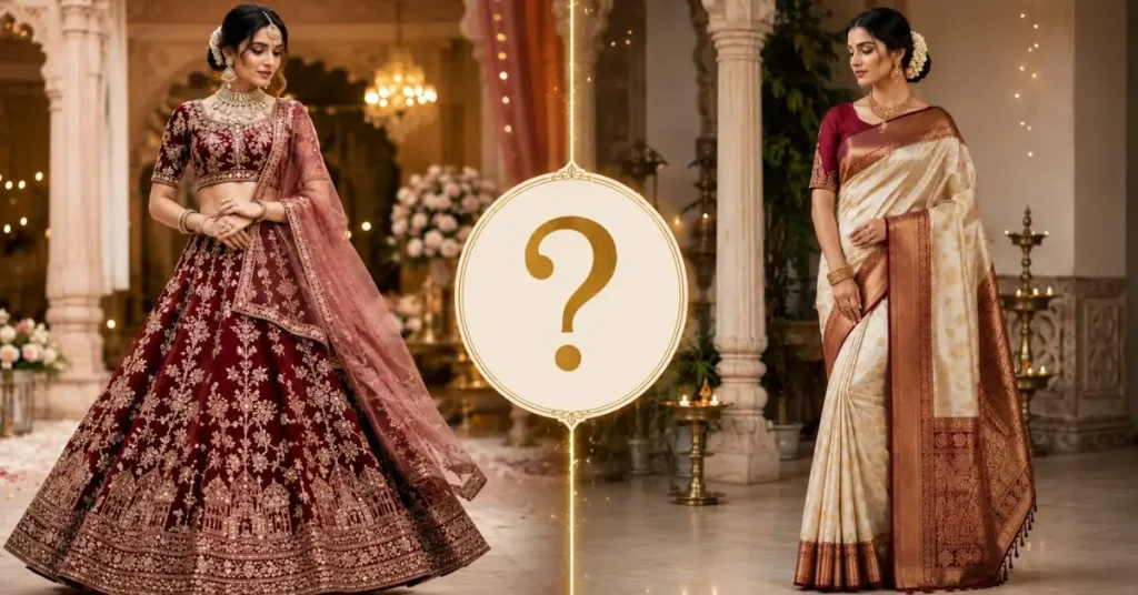 Woman comparing a traditional lehenga and an elegant saree, helping choose the better outfit based on style, comfort, occasion, and personal preference.