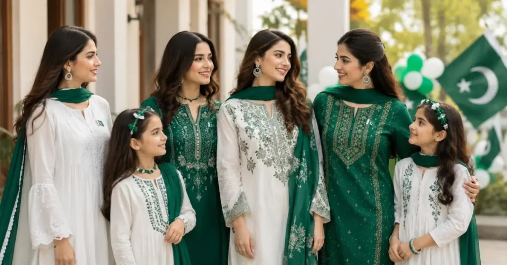 Group of stylish Pakistani women and young girls wearing elegant green and white embroidered Independence Day outfits, celebrating outdoors with patriotic decorations and Pakistani flags in the background. No text on the image.