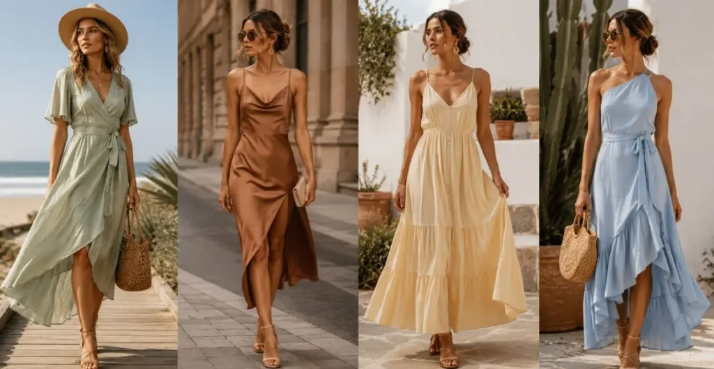 Stylish women wearing colorful Australian fashion dresses in sage green, caramel, butter yellow, and sky blue, showcasing comfortable, elegant, and resort-inspired outfits in beautiful outdoor settings.