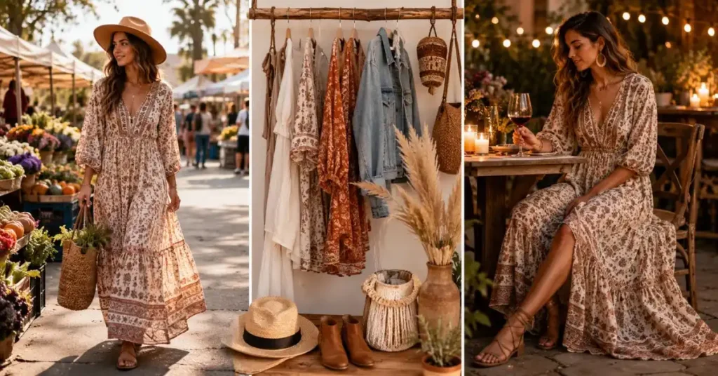 Timeless boho fashion featuring a woman wearing a flowing boho dress with effortless elegance