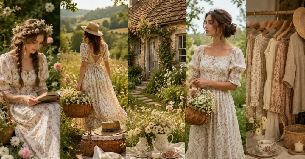 Woman wearing a floral cottagecore dress in a peaceful countryside setting with wildflowers, vintage-inspired accessories, and rustic cottage elements that highlight the popularity of cottagecore fashion in 2026.