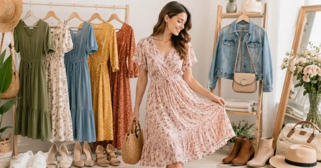 Woman wearing a stylish cute floral dress with versatile wardrobe essentials including casual shoes, heels, jacket, and accessories for every season.