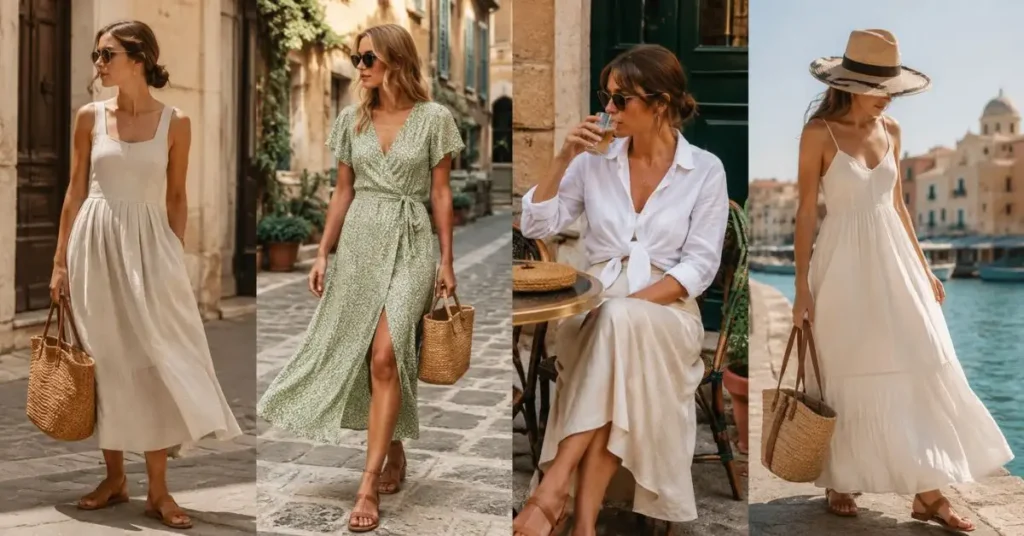 Elegant European summer fashion featuring women in breathable linen and cotton dresses with leather sandals, woven handbags, and minimalist accessories in a sunlit Mediterranean street, showcasing timeless, comfortable warm-weather style.