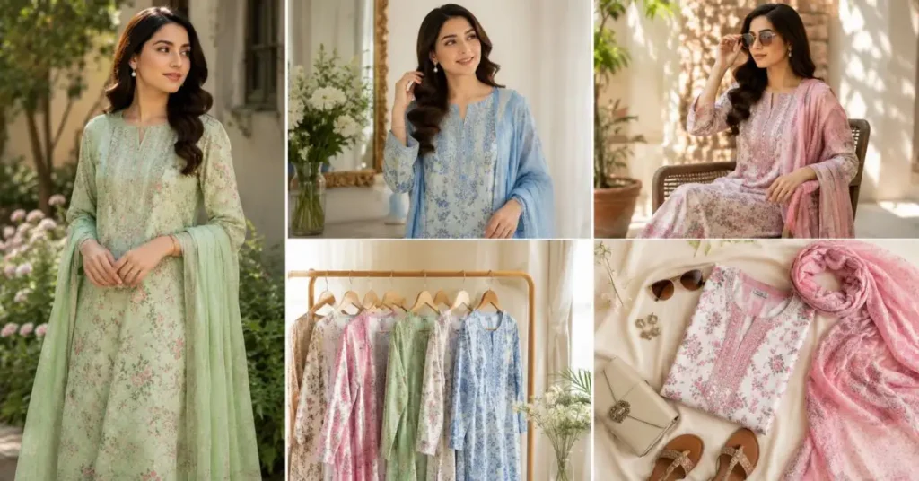 Stylish women wearing elegant pastel lawn outfits with floral prints, paired with coordinated accessories to showcase the comfort, versatility, and timeless appeal of lawn fashion for everyday summer wear.