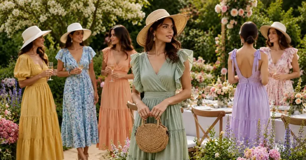 Why Garden Party Fashion Is So Popular Elegant women wearing colorful pastel garden party dresses in a blooming outdoor garden, featuring flowing fabrics, floral prints, straw hats, and stylish accessories that showcase timeless fashion, comfort, and versatility for spring and summer celebrations.