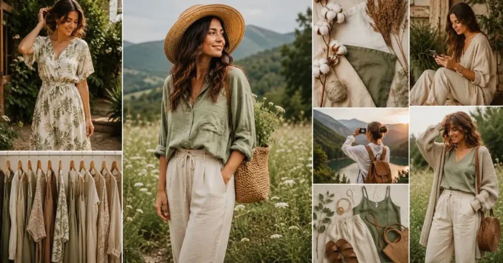 Nature-inspired outfits in earthy tones featuring sustainable fabrics, relaxed silhouettes, woven accessories, and botanical-inspired styling in scenic outdoor settings.
