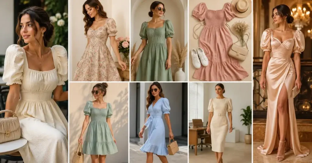 Stylish women wearing trendy puff sleeve dresses in casual, floral, midi, wrap, office, and elegant evening styles, showcasing the versatile fashion trends of 2026 in modern indoor and outdoor settings.