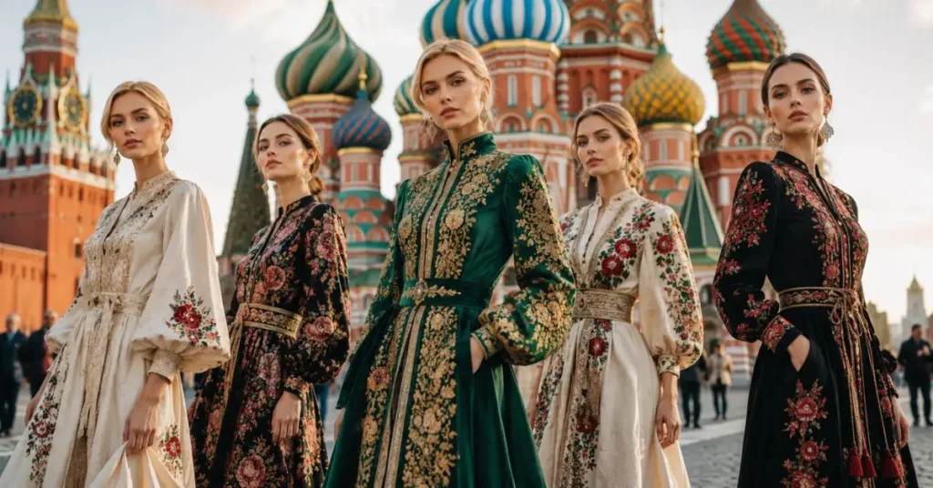 Models wearing elegant traditional and modern Russian fashion with embroidered dresses and luxurious fabrics, showcasing timeless style against an iconic Russian architectural backdrop