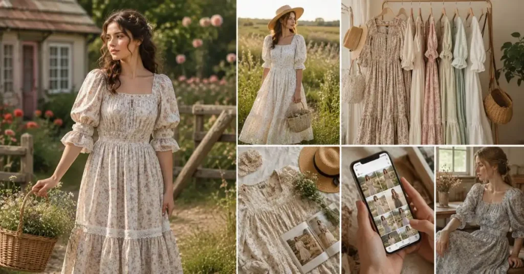 Collage of women wearing elegant prairie-style dresses in a cottagecore setting with floral outfits, clothing rack, and social media-inspired fashion styling
