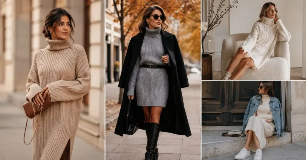 Woman wearing a stylish sweater dress layered for a cozy winter outfit