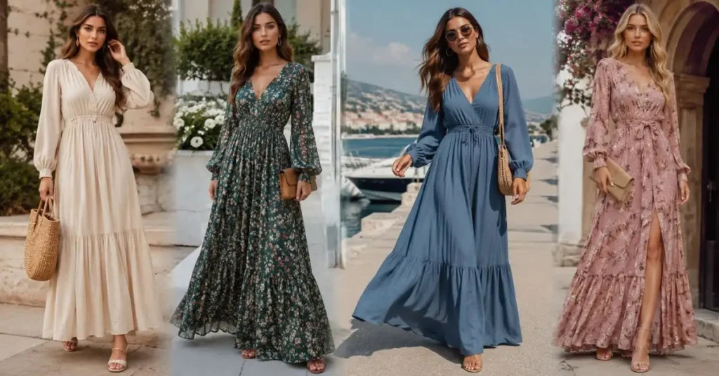Fashion models wearing elegant long dresses in modern 2026 styles, featuring flowing silhouettes inspired by runway trends and everyday street fashion in a stylish outdoor setting.