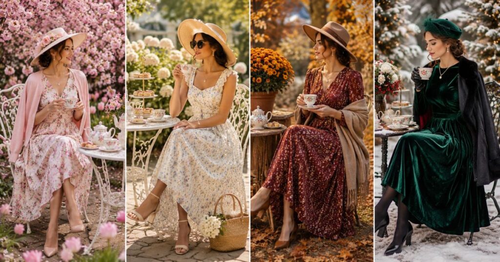 Elegant tea party dresses styled for spring, summer, autumn, and winter, featuring seasonal fabrics, pastel and rich colors, floral garden settings, vintage teacups, and sophisticated accessories.