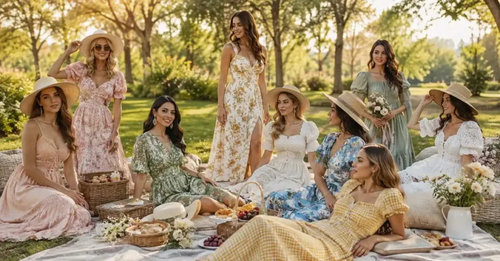 Elegant women wearing stylish summer picnic outfits in a beautiful park with picnic blankets, wicker baskets, fresh flowers, and natural greenery during golden hour.
