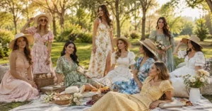 Elegant women wearing stylish summer picnic outfits in a beautiful park with picnic blankets, wicker baskets, fresh flowers, and natural greenery during golden hour.