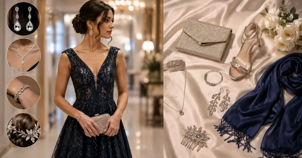 Elegant woman in a navy gala gown accessorized with statement earrings, a delicate bracelet, a jeweled clutch, hair accessory, heels, and a matching shawl.