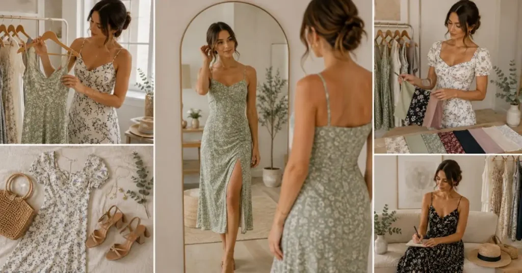 Elegant woman wearing a stylish Reformation dress while choosing the perfect fit and silhouette.