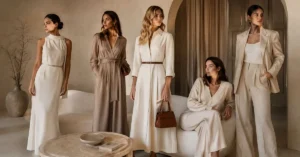 Quiet luxury dresses in elegant neutral tones with timeless, minimalist styling and refined silhouettes.