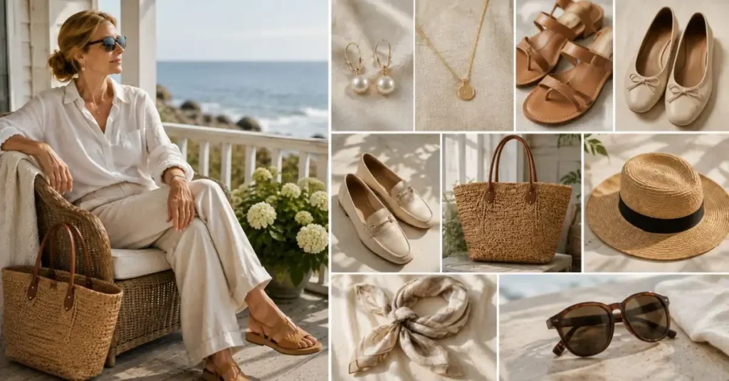 Elegant coastal-inspired accessories including pearl earrings, a thin gold necklace, leather sandals, ballet flats, loafers, a woven tote bag, a straw hat, a silk scarf, and oversized sunglasses styled with a timeless linen outfit by the seaside.