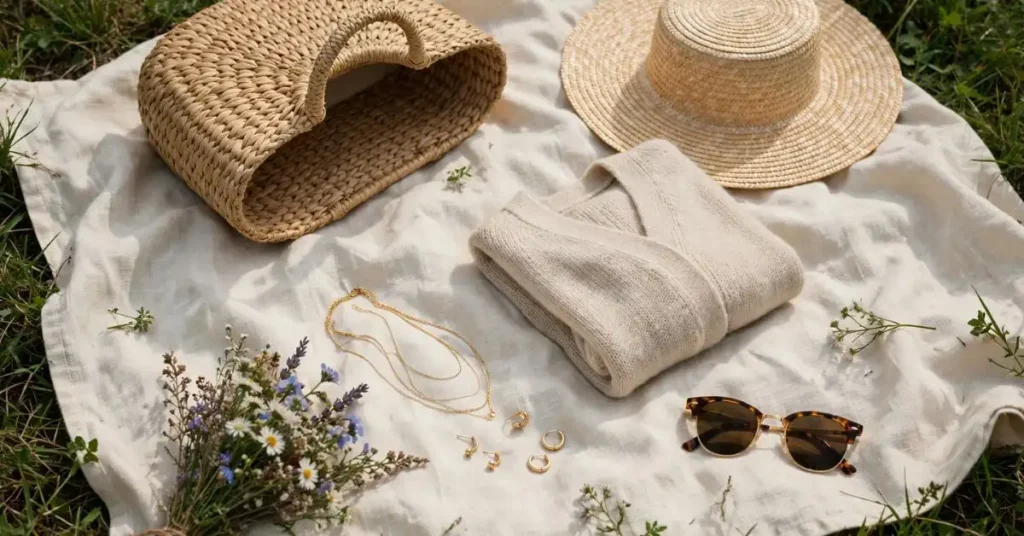 A woman wearing an elegant picnic outfit styled with a wide-brim straw hat, woven basket bag, delicate gold jewelry, oversized sunglasses, and a lightweight scarf, creating a polished outdoor look in a scenic park.