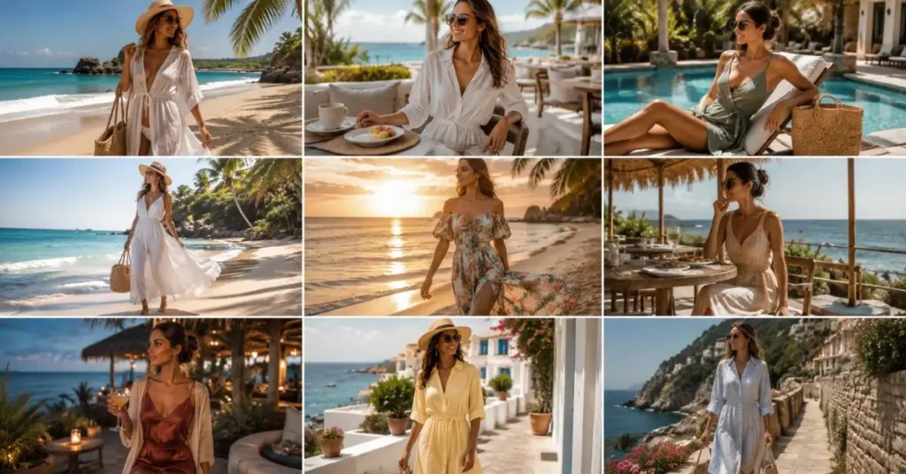 Women wearing stylish beach vacation outfits for different occasions, including beach walks, poolside lounging, sunset photos, seaside dining, and sightseeing.