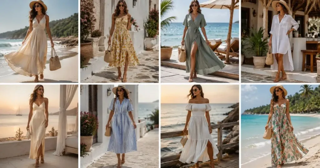 Collection of stylish beach vacation dresses including flowy maxi, midi, wrap, linen, slip, shirt-style, off-shoulder, and tropical print looks.