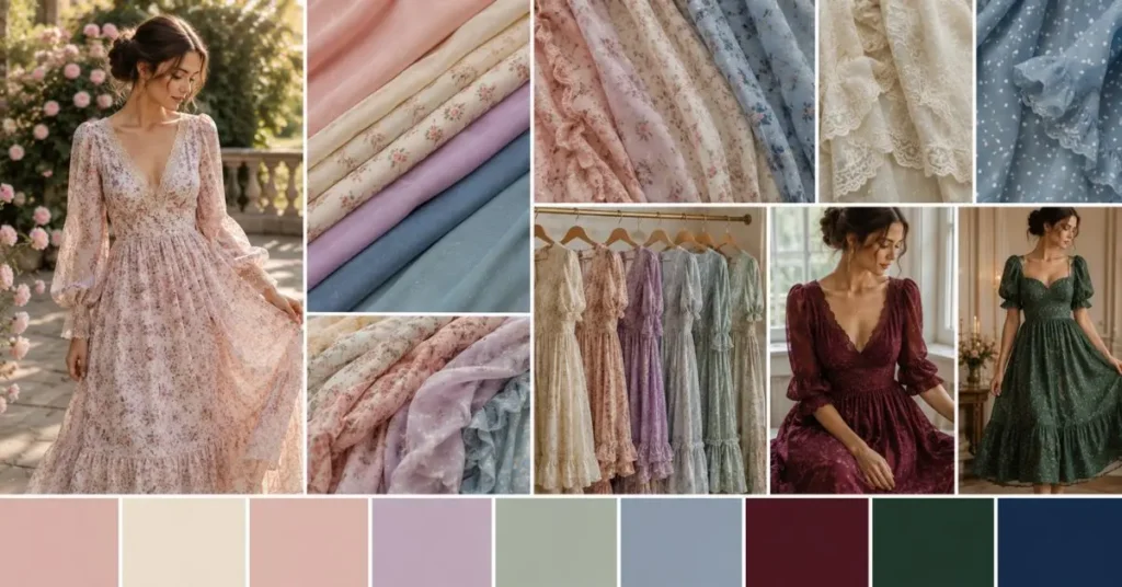 Romantic fashion colors and prints featuring blush, ivory, lavender, dusty blue, floral patterns, lace textures, burgundy, forest green, and navy dresses.