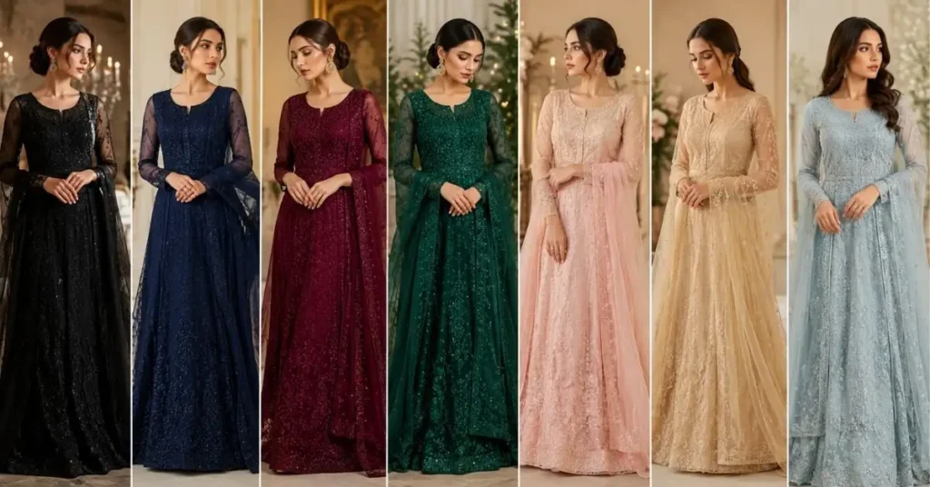 Elegant chiffon dresses in black, navy, burgundy, emerald, blush, champagne, and soft blue in a luxury setting.