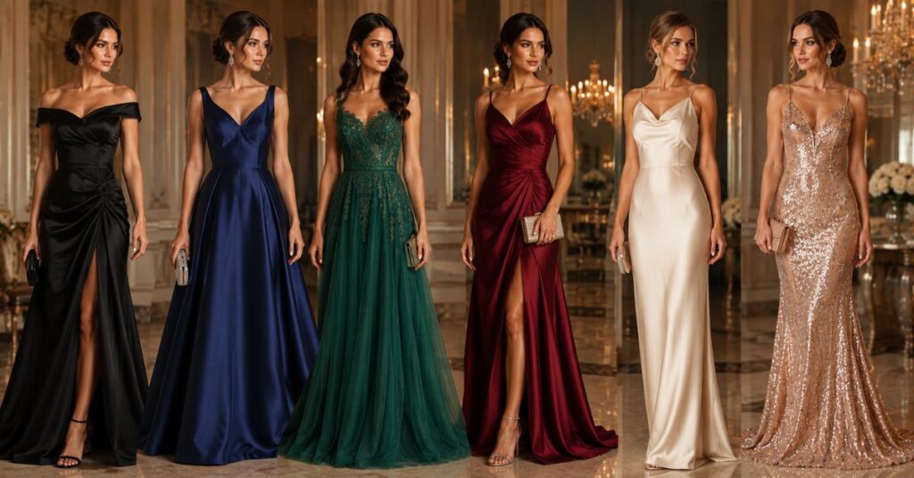 Six women wearing elegant gala dresses in black, navy, emerald, burgundy, champagne, and metallic shades in a luxurious ballroom setting.